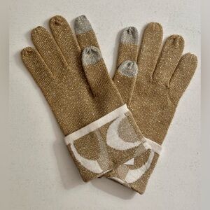 COACH Signature Metallic Gold Knit Tech Gloves Logo at Wrist Cuffs